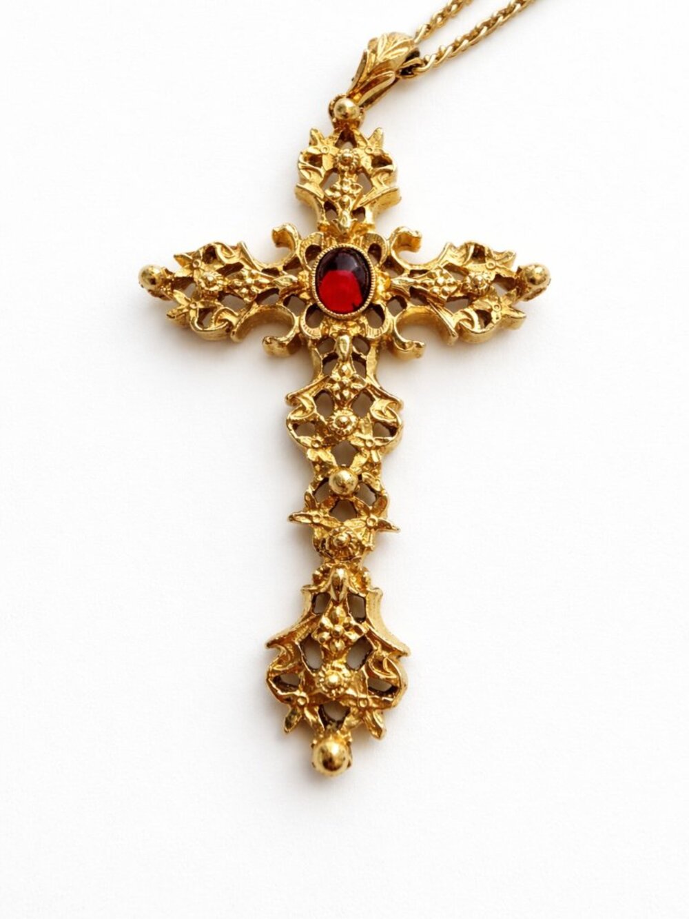 Vintage AVON Gold-Tone Ornate Gothic Cross Pendant Necklace — Red Crystal Center